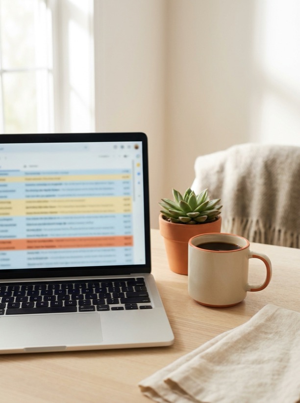 Reading email with a coffee